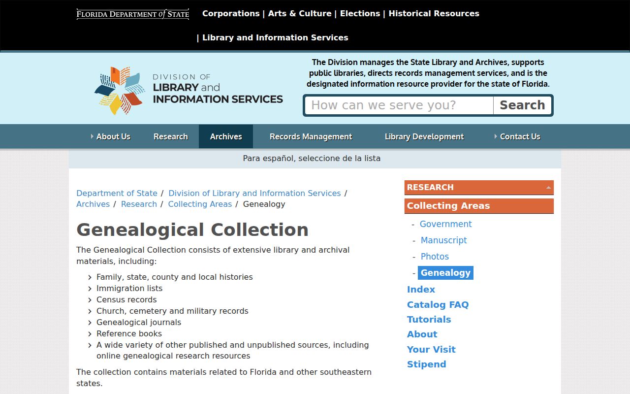 Florida State Archives genealogy collection access page