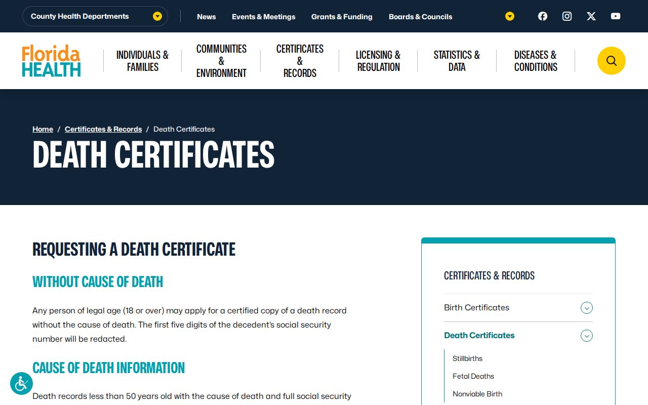 St. Johns County previous residents Florida death certificate access page