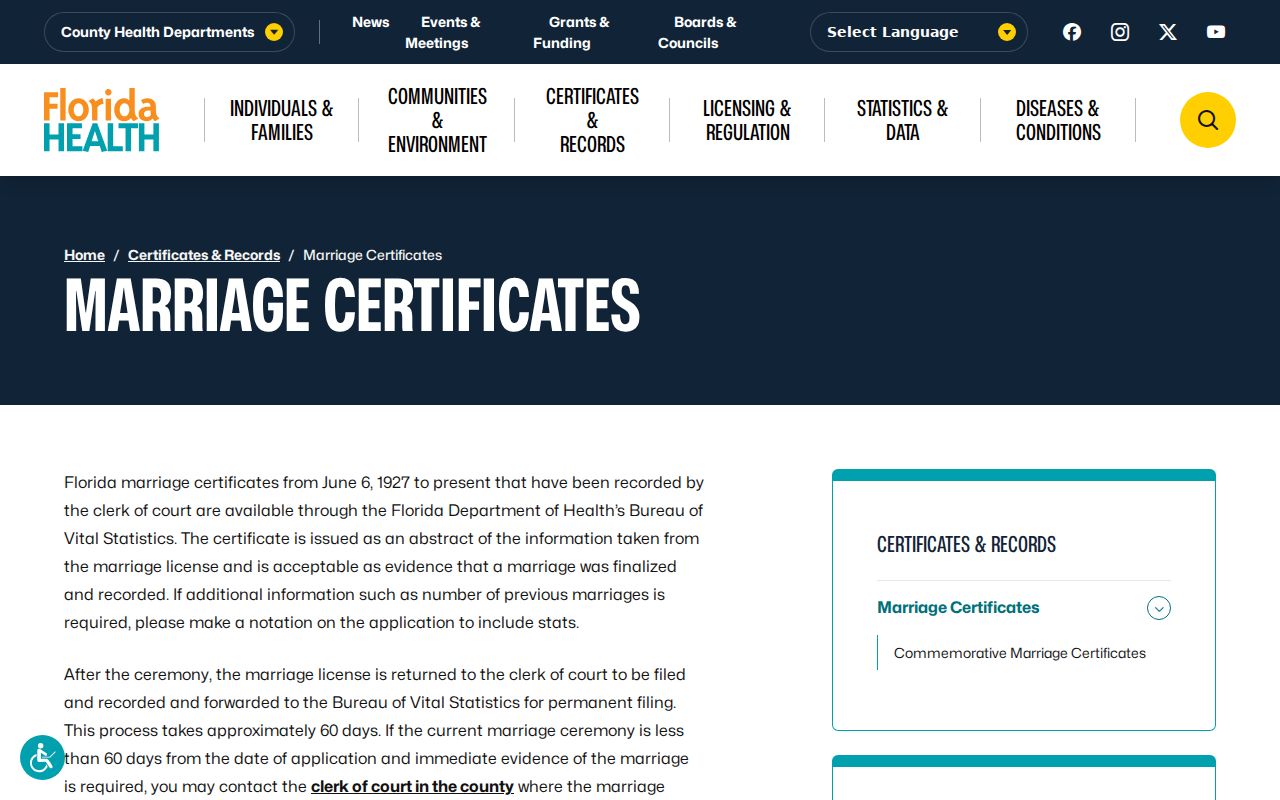 St. Johns County previous residents Florida marriage certificate information