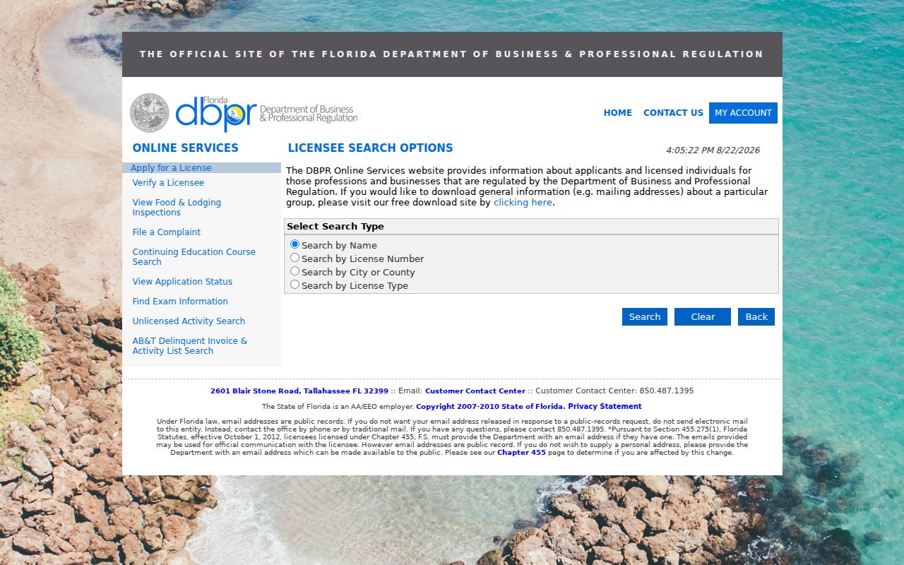 Florida DBPR professional license search fields for confirming a St. Johns County affiliation