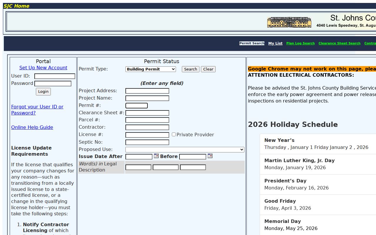 St. Johns County permit search fields for address and parcel research