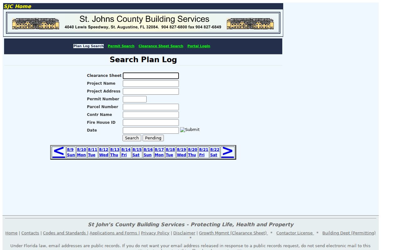St. Johns County Plan Log address and project search