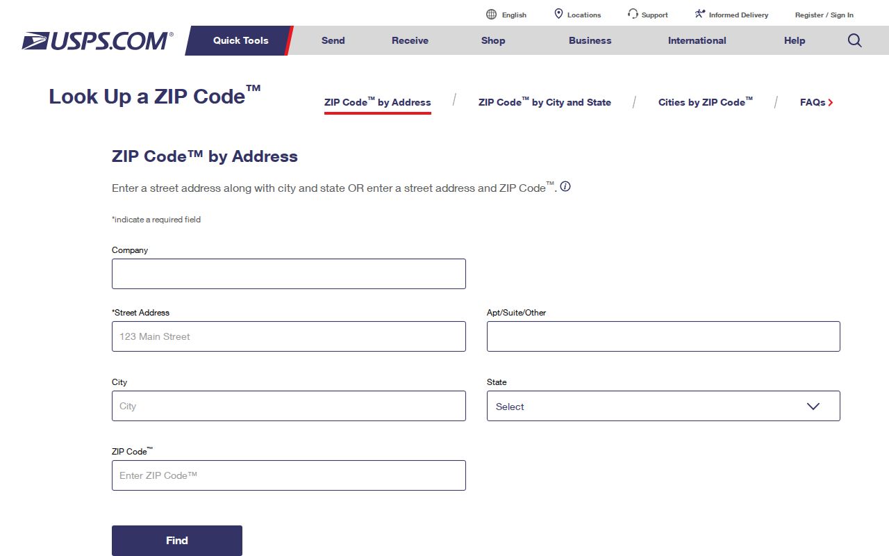 USPS address form for verifying a St. Johns County ZIP code